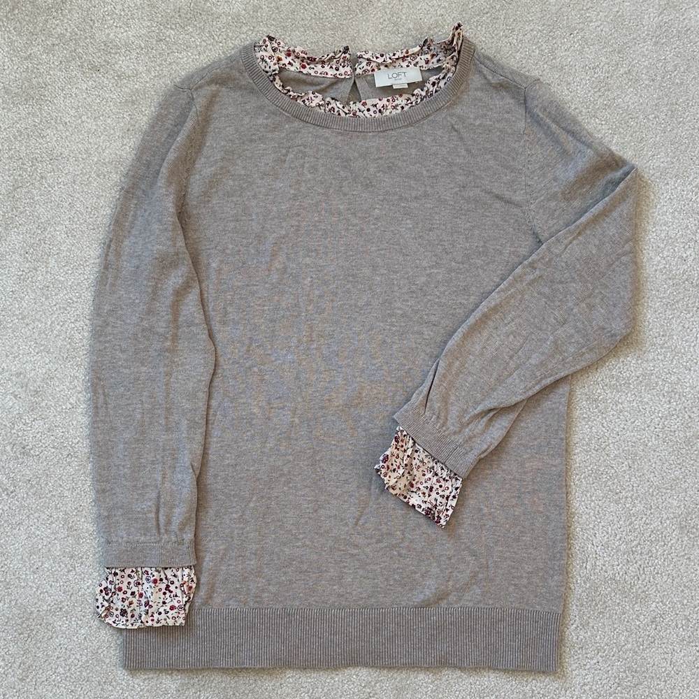 LOFT Heather Taupe Sweater with Floral Trim